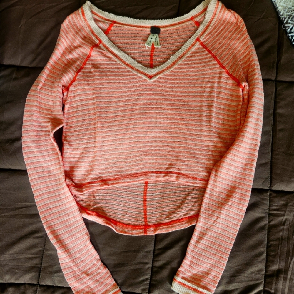 We The Free Pink and Cream Striped V-Neck Top